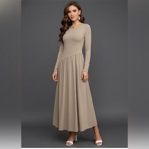 Flounce Hem Long Sleeve Dress Beige Brown